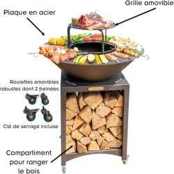 BRASERO AVEC PLAQUE ET GRILLE AMOVILE EN ACIER BARBECUE PLANCHA EXTERIEUR Ø 75 cm